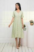 Myshka Women Ethnic Motifs Rayon A-Line V-Neck Green Dress | Grocsy