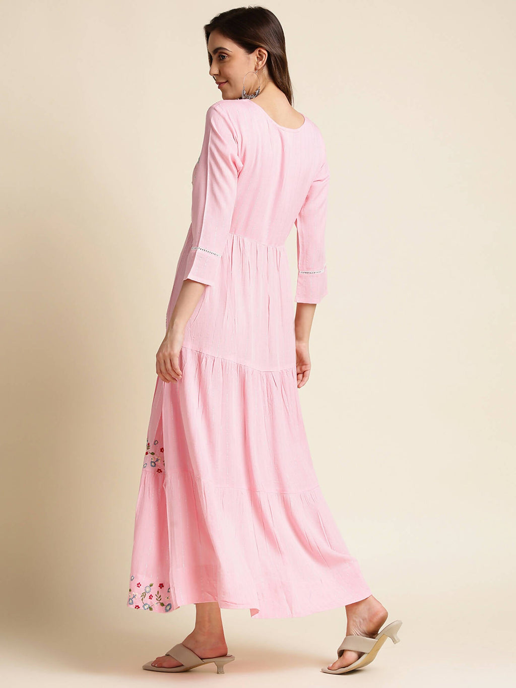 Pink Chinon Floral Embroidered Dress - Nandani | Grocsy
