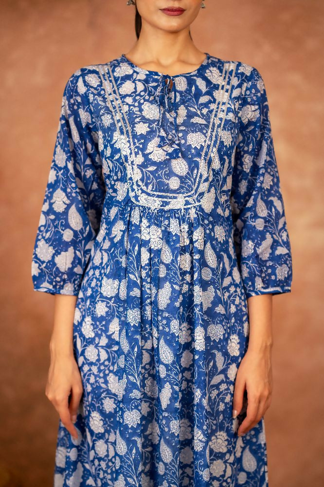Joban Fashion Blue Floral Hand Block Printed Cotton Kurta Pant Set | Grocsy