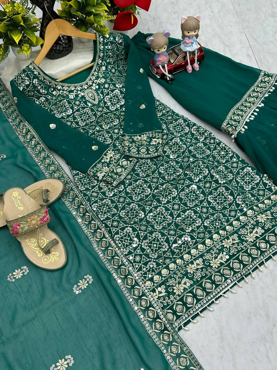 Teeya Creation Womens New Heavy Fox Georgette Fabric With Heavy Embroidery Work Green Kurta Set | Grocsy