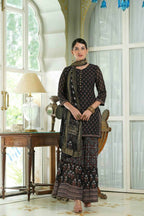 Juniper Black Georgette Festive Floral Print Straight Tunic-Sharara For Women | Grocsy