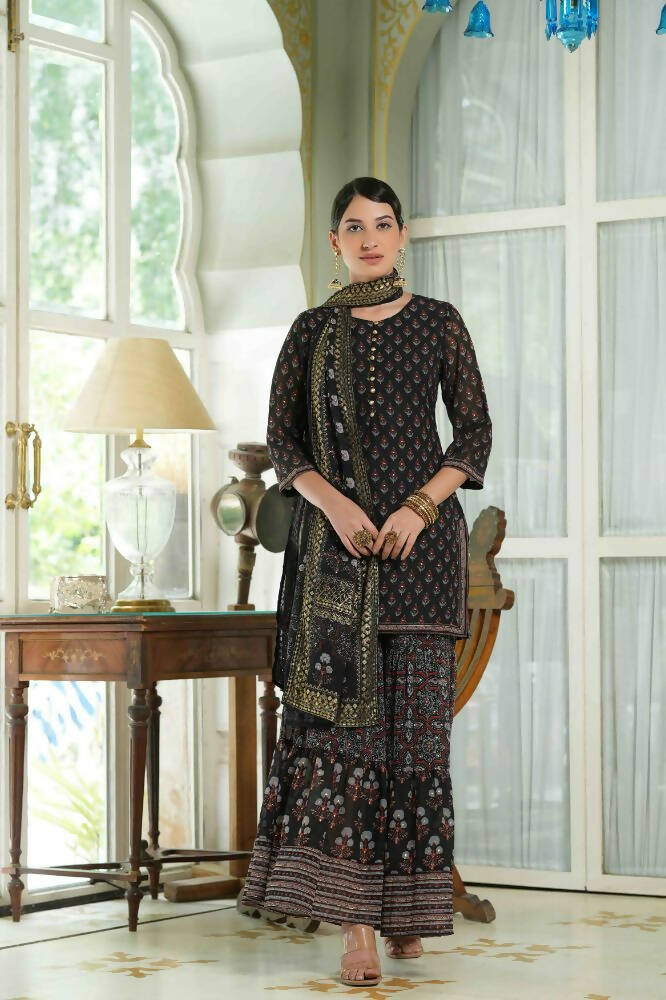 Juniper Black Georgette Festive Floral Print Straight Tunic-Sharara For Women | Grocsy