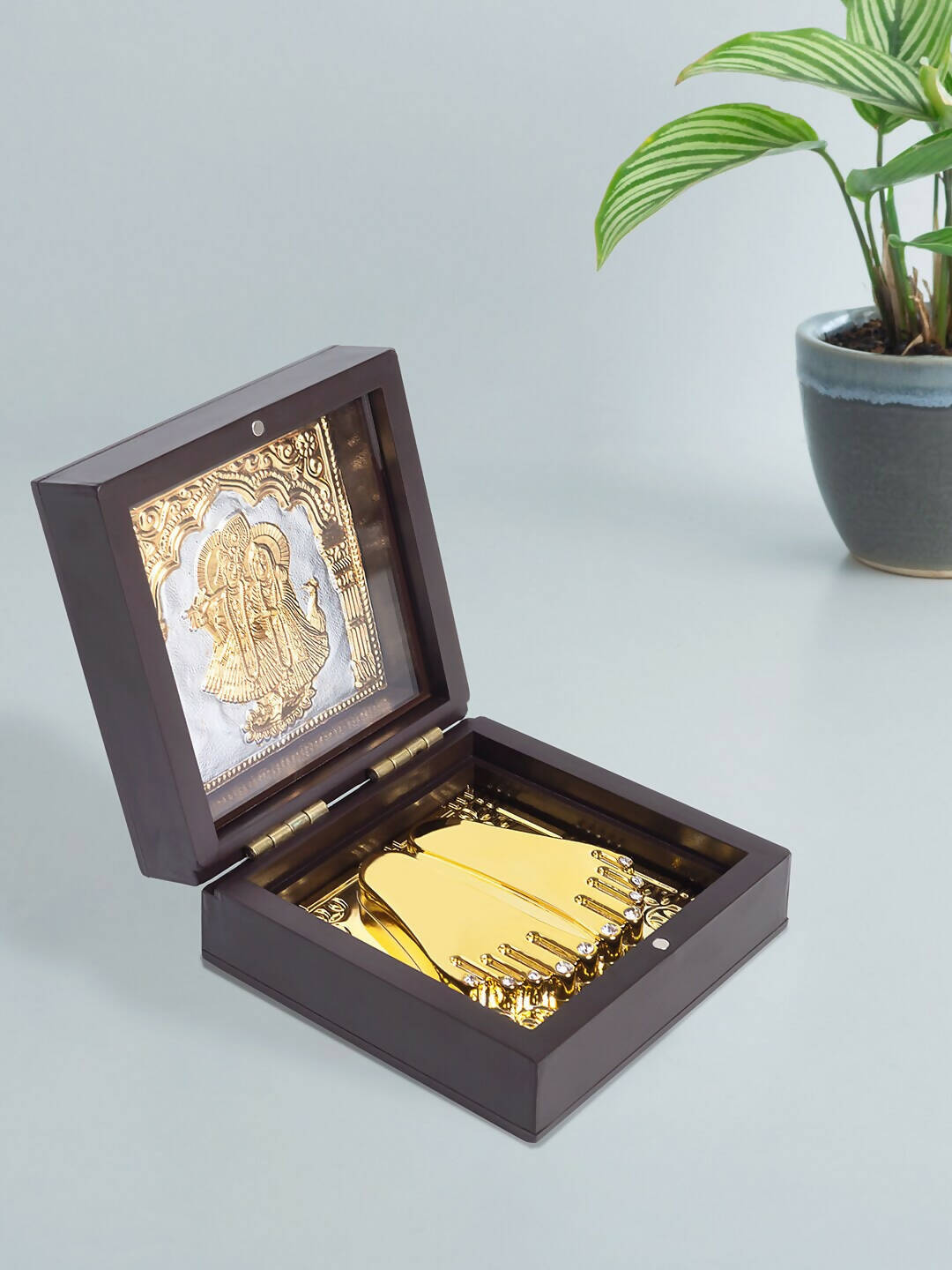 Golden Peacock Black 24 Ct Gold Polished Radha Krishna Wooden Prayer Box | Grocsy