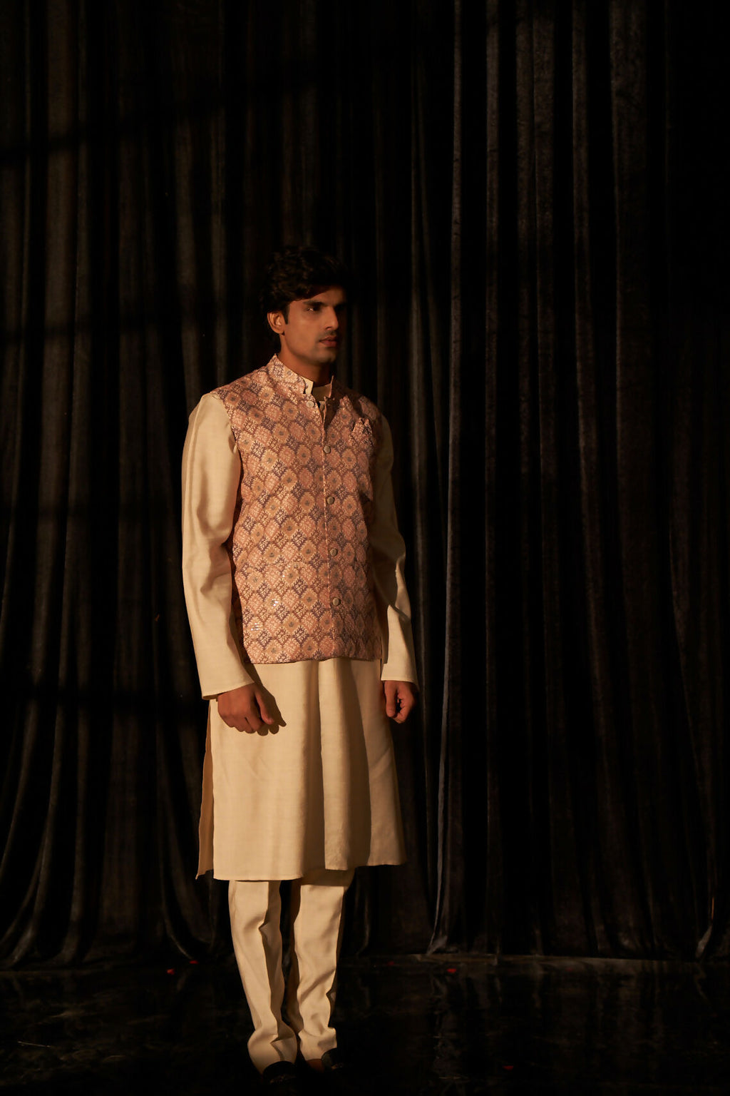 Brown Viscose Designer Printed Men's Kurta Set with Koti - Mahotsav | Grocsy