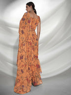 Orange Georgette Floral Printed Saree With Unstitched Blouse Piece - Rajal | Grocsy