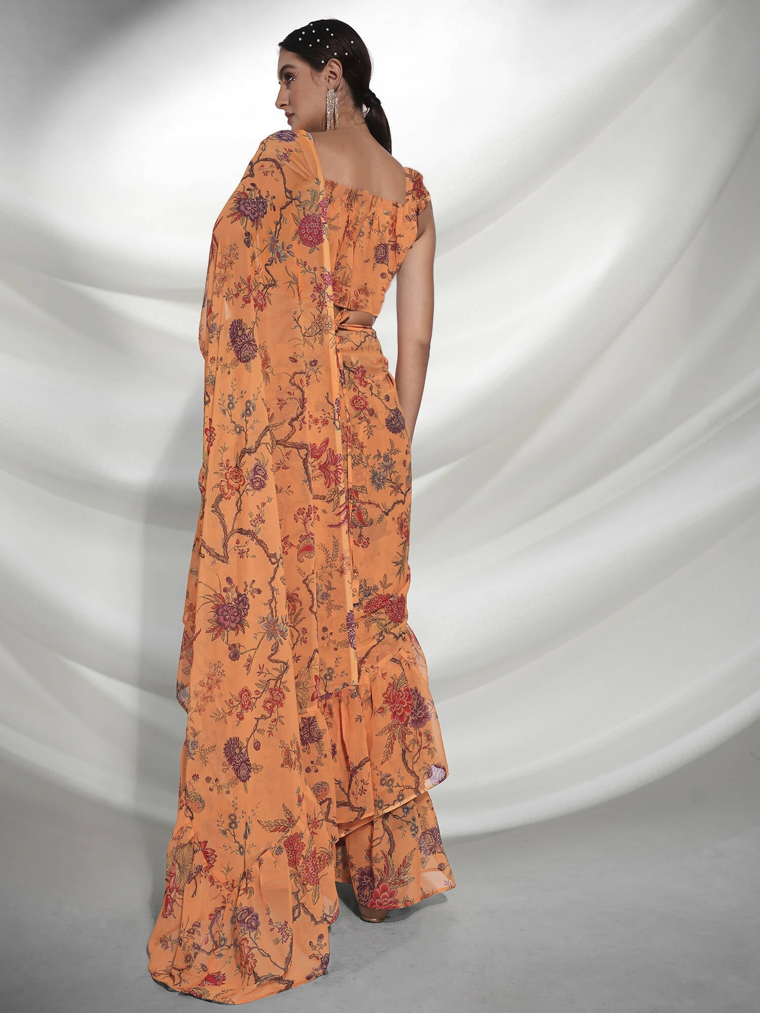 Orange Georgette Floral Printed Saree With Unstitched Blouse Piece - Rajal | Grocsy