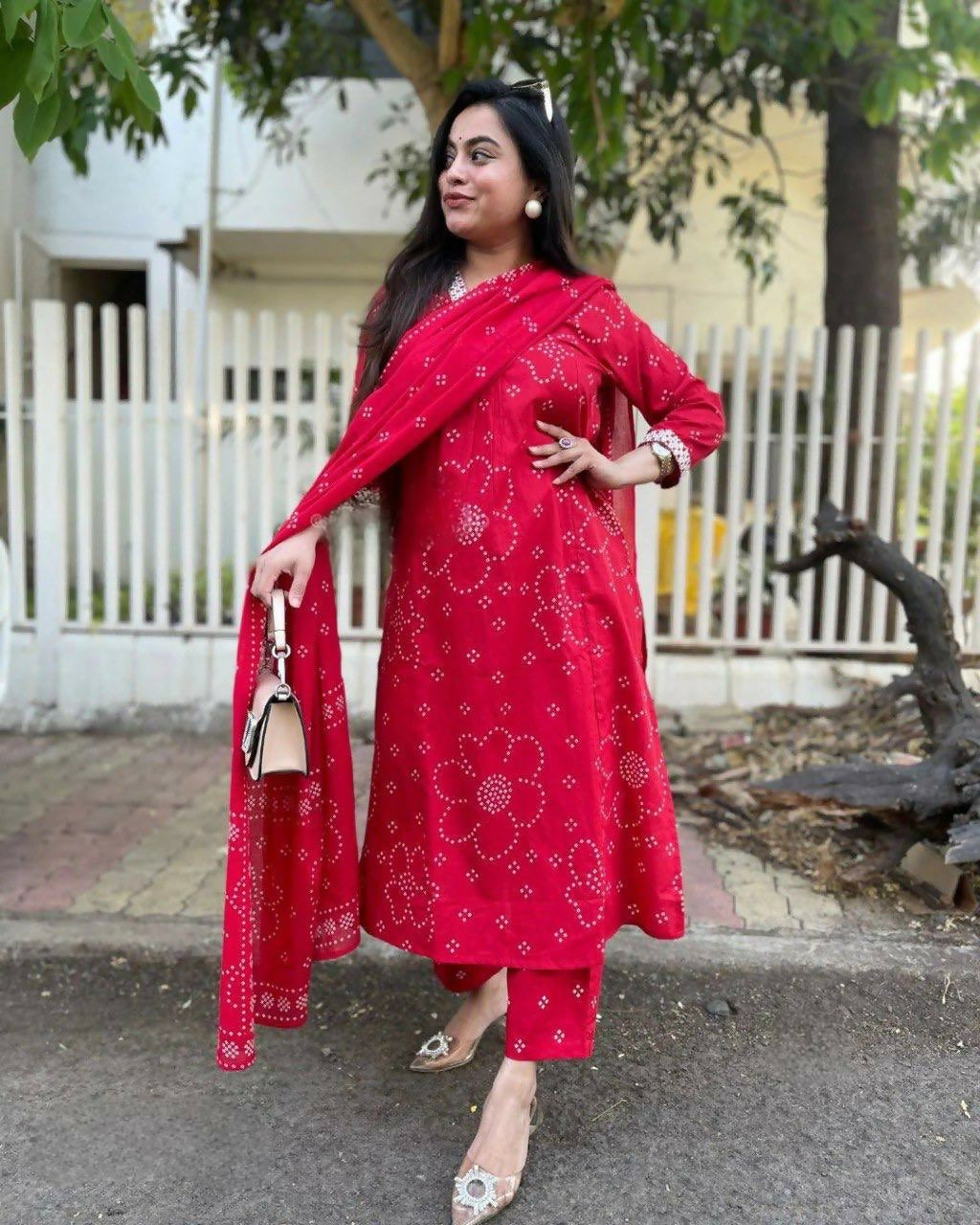 The52 Red Women's Beautiful Rayon Fabric Printed Work Straight Kurta Pant and Dupatta Set | Grocsy