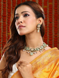 Ruby Raang Gold Polished Green Kundan And Mint Colored Stonework Necklace With Matching Earrings | Grocsy