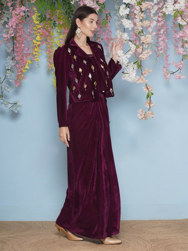 Joban Fashion Wine Hand Embellished Jacket with inner and skirt | Grocsy