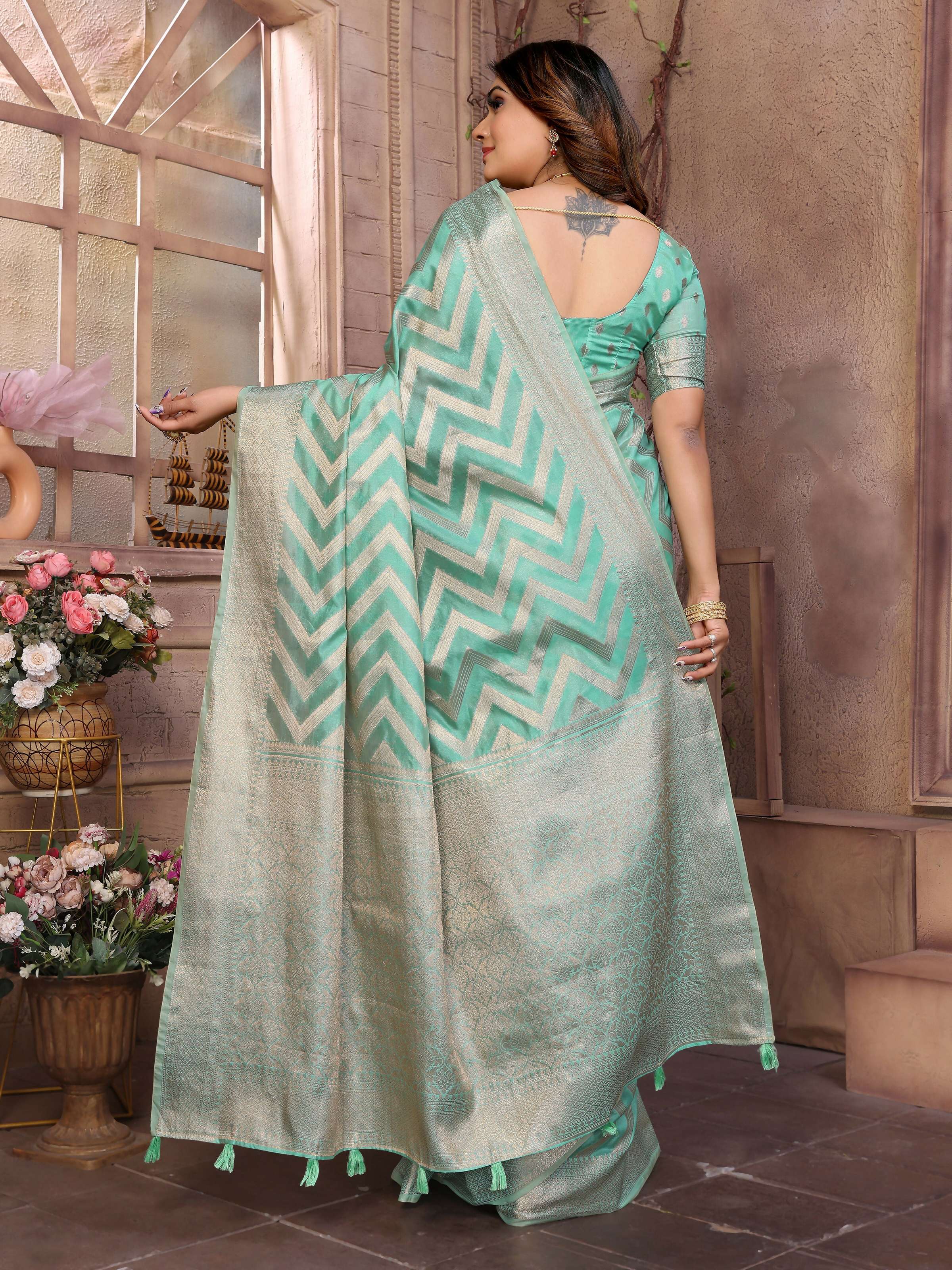 Aastha Fashion Sea Green Soft Organza Silk Weaving Saree | Grocsy