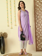 Myshka Women's Lavender Georgette Sleeveless Straight Party Kurta With Dupatta Set | Grocsy