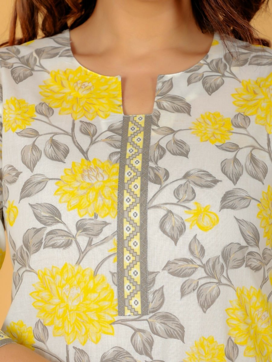 Aramya Yellow Soft Cotton Floral Print Straight Kurta Pant Set for Women | Grocsy