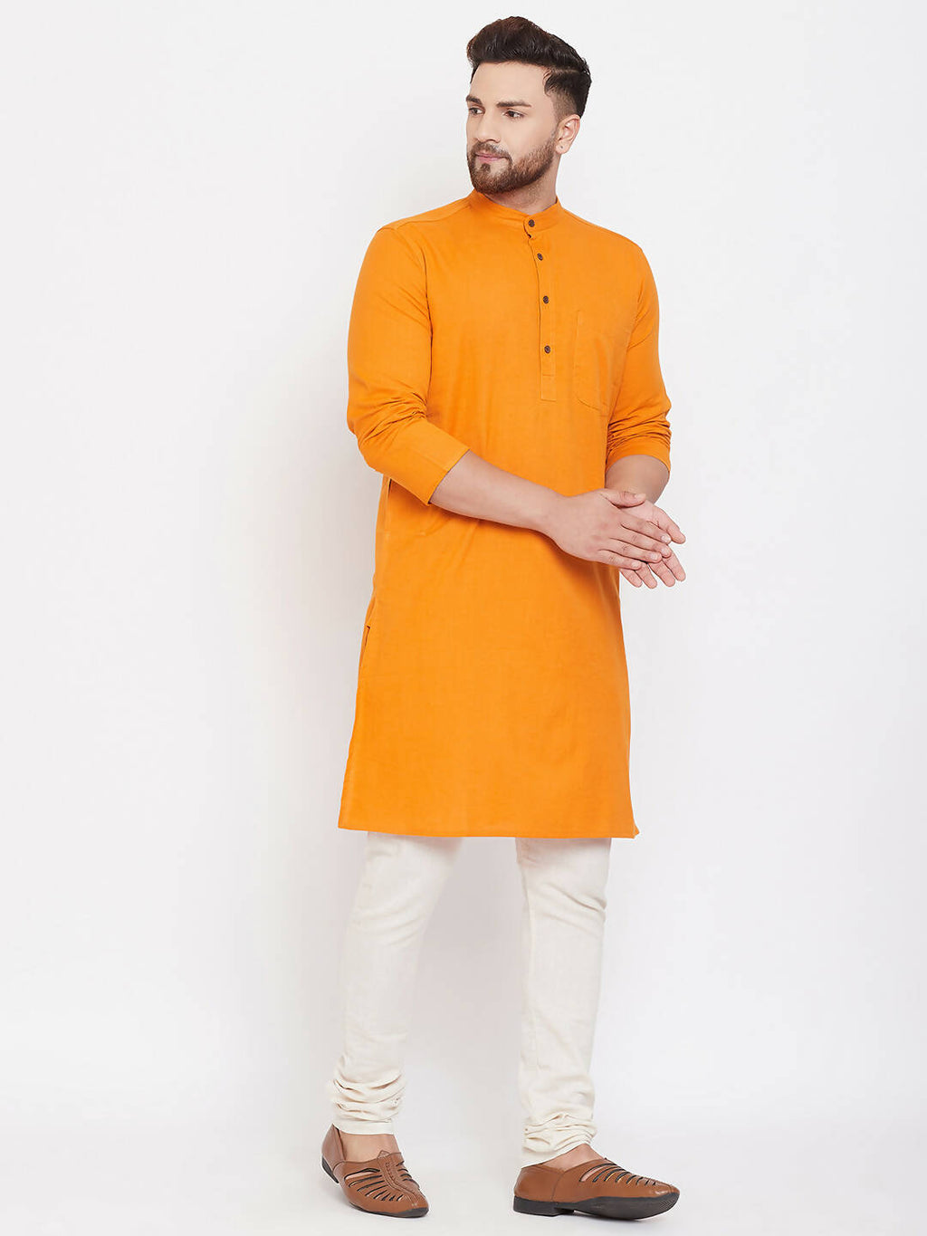 Even Apparels Pure Cotton Men's Kurta With Band Collar in Yellow Color | Grocsy