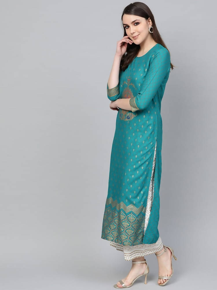Vamika Sky Blue Printed Rayon Party And Casual Wear Kurta Set | Grocsy
