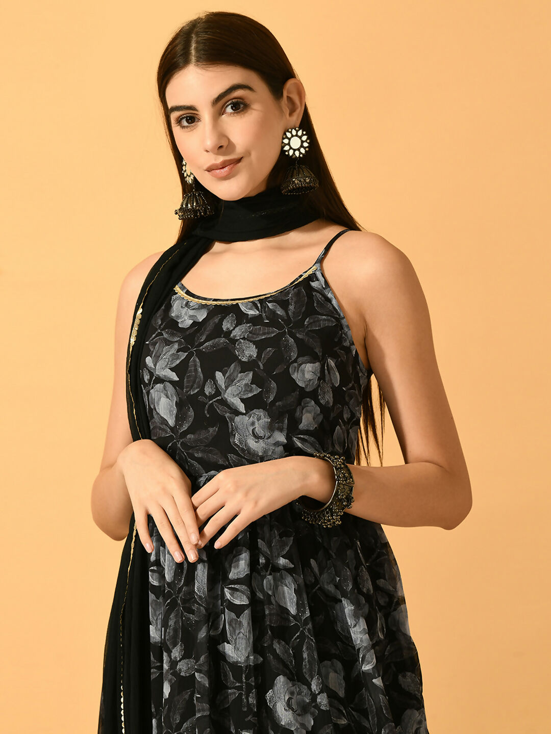 Myshka Women's Black Festive Flared Anarkali Kurta With Dupatta sets | Grocsy