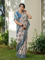 Shree Shyam Fashion Cream With Blue Silk Blend Saree | Grocsy