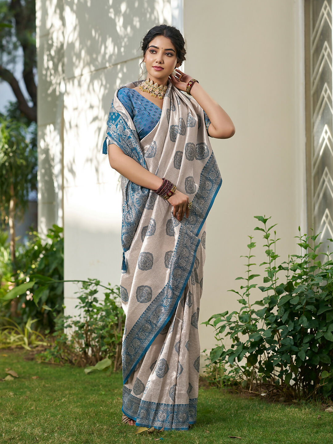 Shree Shyam Fashion Cream With Blue Silk Blend Saree | Grocsy