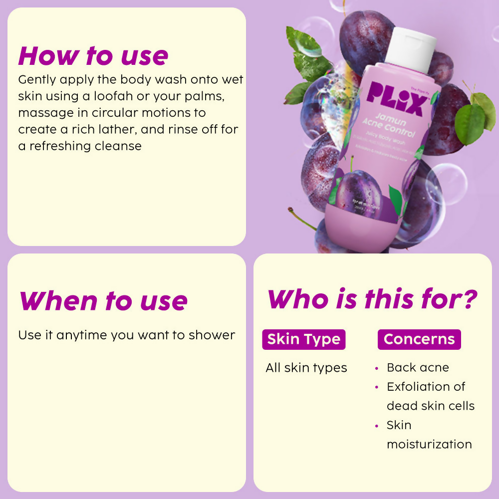 PLIX The Plant Fix Jamun Skincare With Cleanser, Body Wash & Active Acne Serum For Women & Men | Grocsy