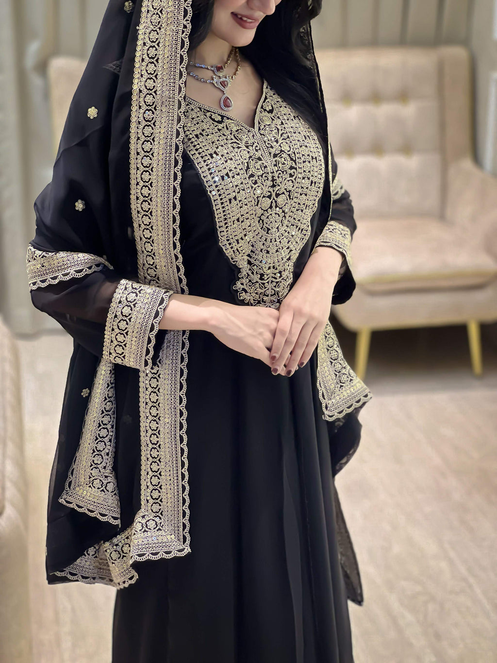 Teeya Creation Black Color Faux Georgette Embroidery Work Long Party Wear Gown | Grocsy