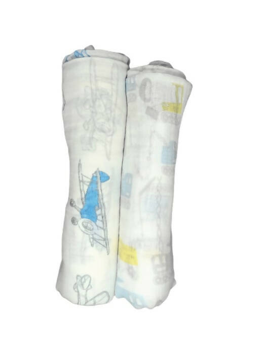 Kindermum Organic Cotton Muslin Swaddle Blanket 100 Cm X 100 Cm - Set Of 2 - Transport And Aviator | Grocsy