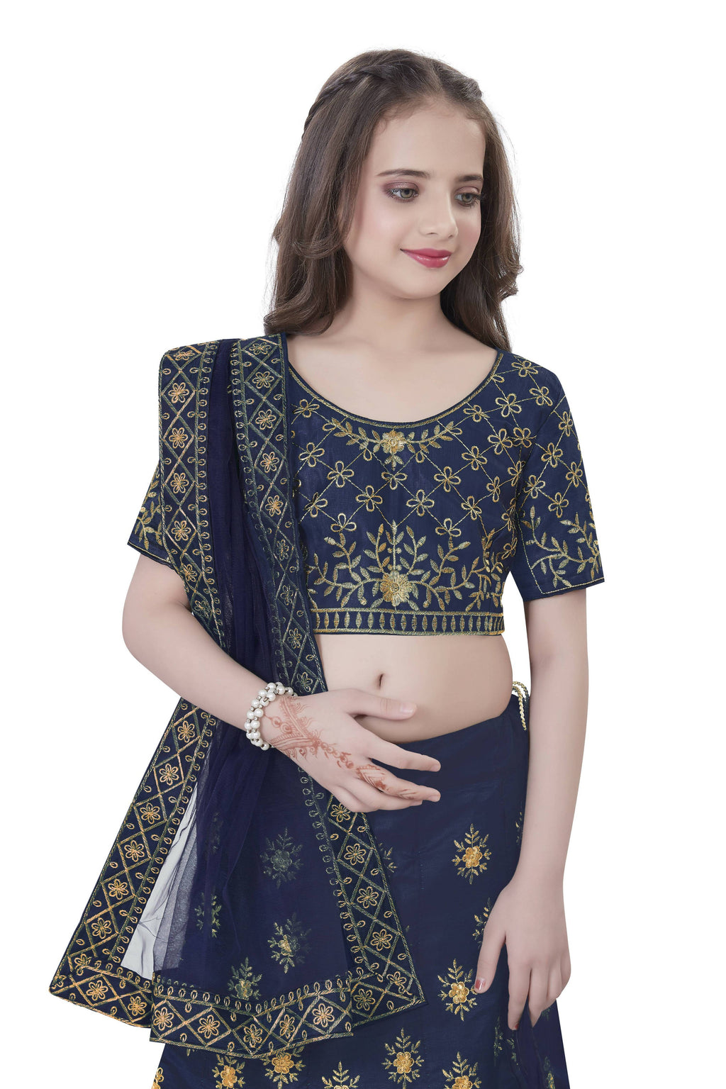 Dwiden Navy Blue Lehriyu Tafetta Sattin Semi-Stitched Girl's Lehenga Choli | Grocsy
