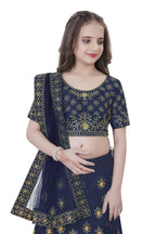 Dwiden Navy Blue Lehriyu Tafetta Sattin Semi-Stitched Girl's Lehenga Choli | Grocsy