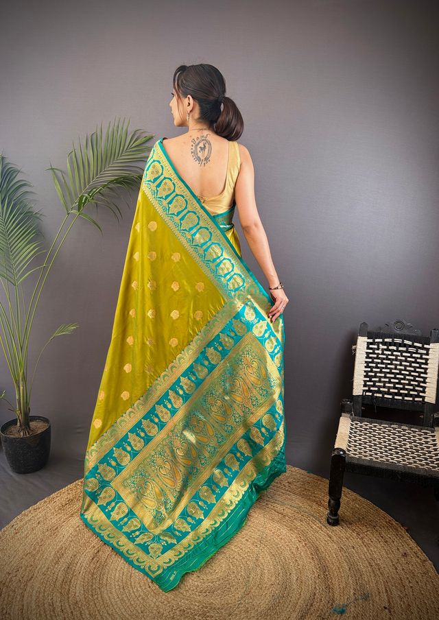 Elora Mustard Soft Silk Butti Zari Weaving Constrast Pallu Banarasi Saree | Grocsy