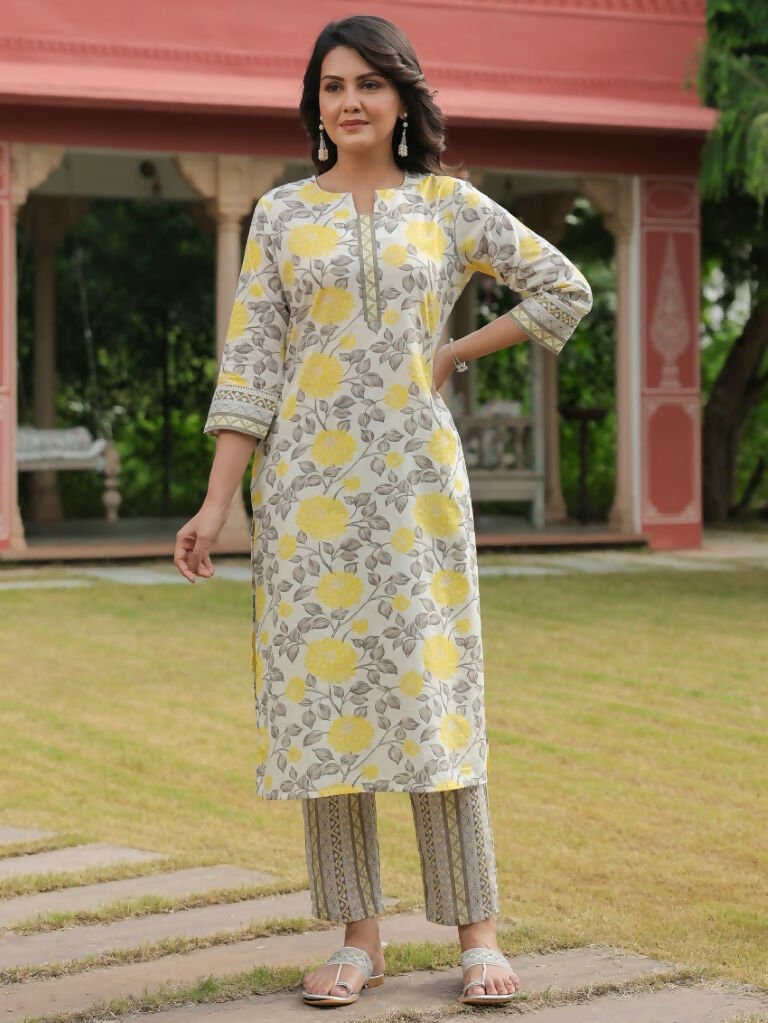 Aramya Straight Soft Cotton Floral Print Women's Kurta - Yellow | Grocsy