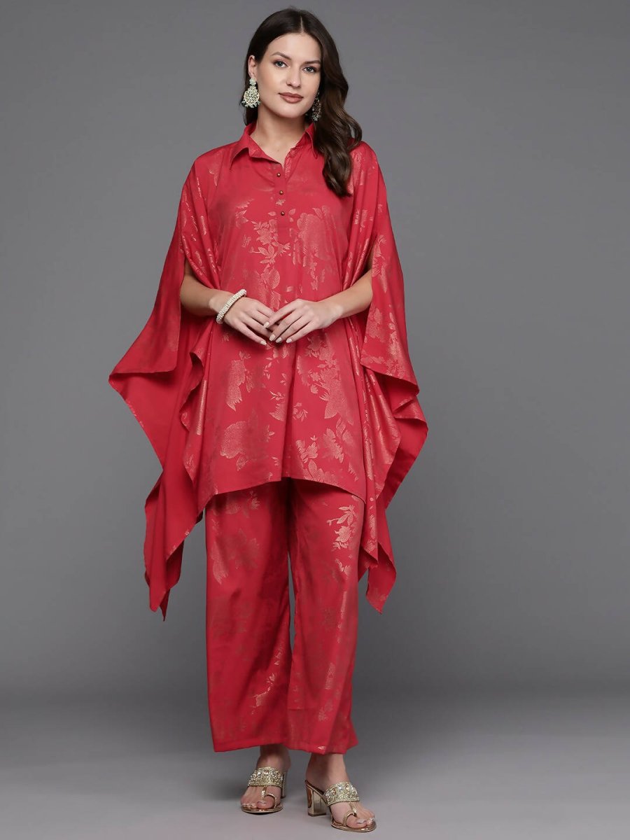 Ahalyaa Women Floral Printed Tunic with Palazzos - Red Color | Grocsy
