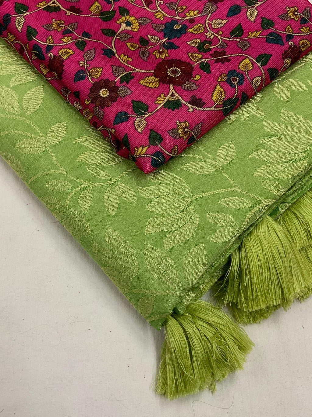 Green Jute Silk Woven Design Saree with Unstitched Blouse - Hiral Fashion | Grocsy