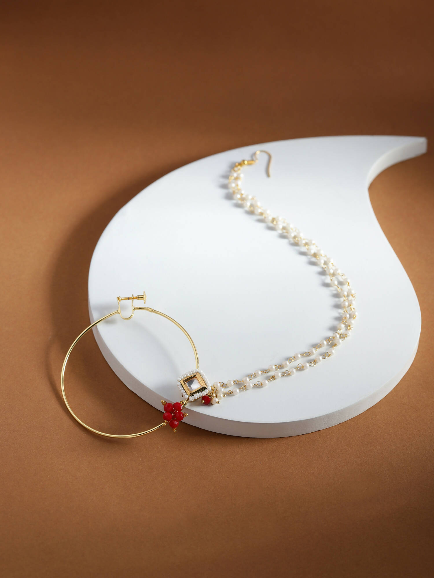 Gold-Polished White Red Kundan-Studded Pearl Beaded Nosepin - Ruby Raang | Grocsy