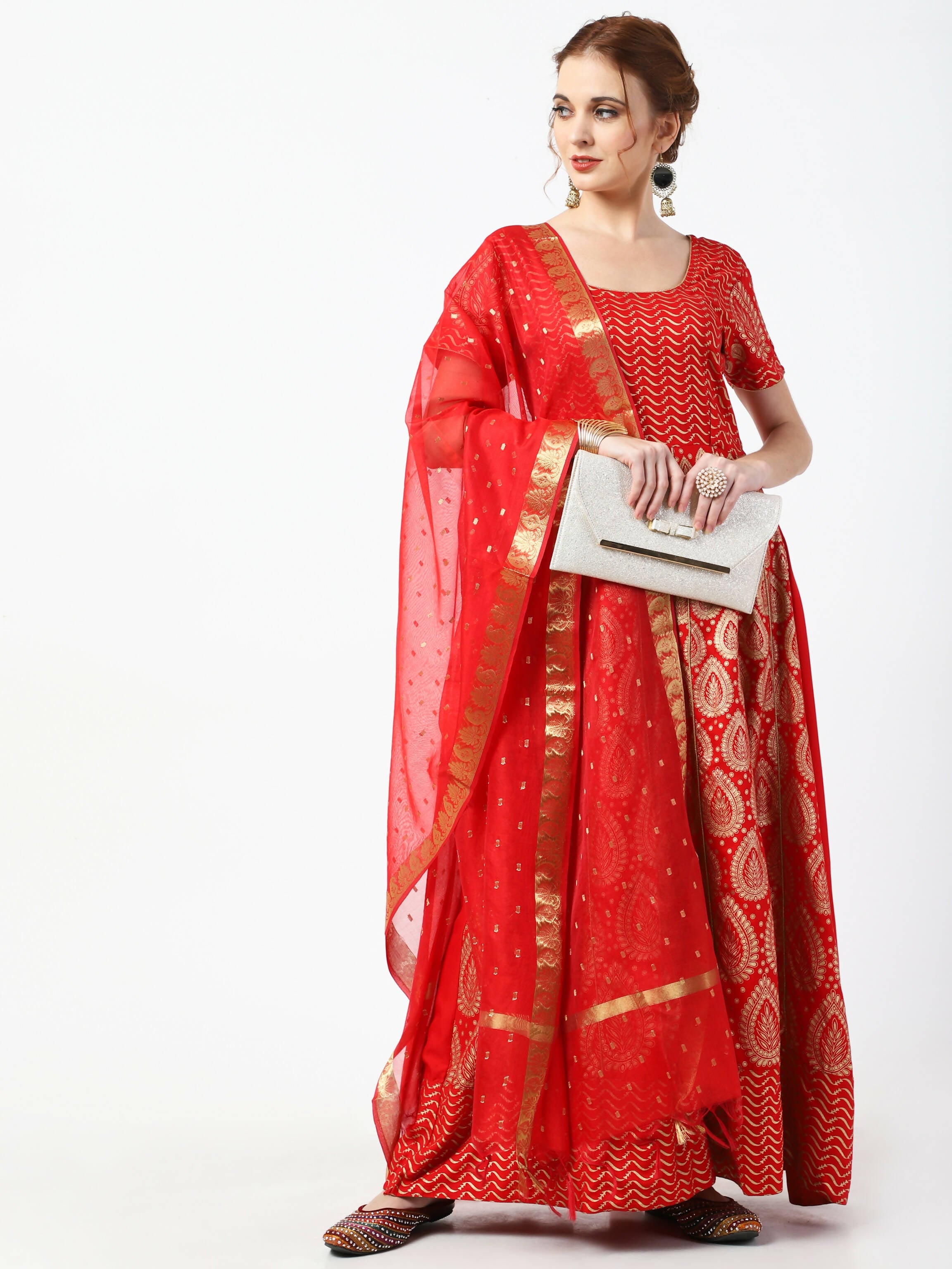 Cheera Women's Red Chanderi Silk & Rayon Hand Block Print Long Dress With Silk Dupatta Set | Grocsy