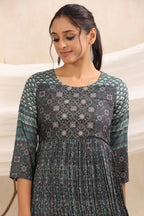 Juniper Bottle Green Muslin Festive Printed Flared Dress For Women | Grocsy