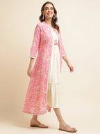 White Cotton Solid Flared Dress with Printed Shrug - Yukti | Grocsy