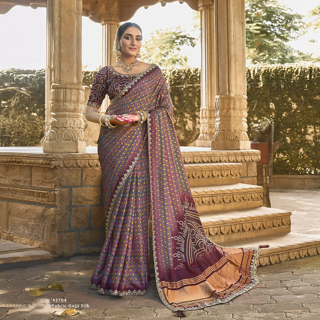 Purple Gajji Silk Foil With Handwork Saree With Unstitched Blouse - Norita Gajri | Grocsy