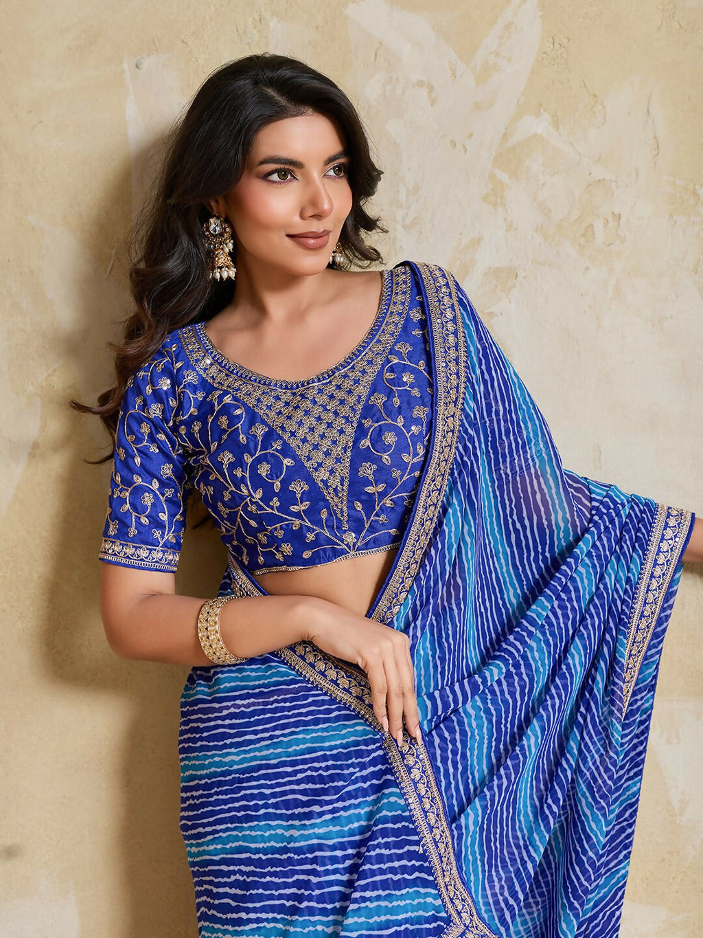 Teeya Creation New Trendy Leheriya Bandhani Georgette Saree For Daily Wear -Blue | Grocsy