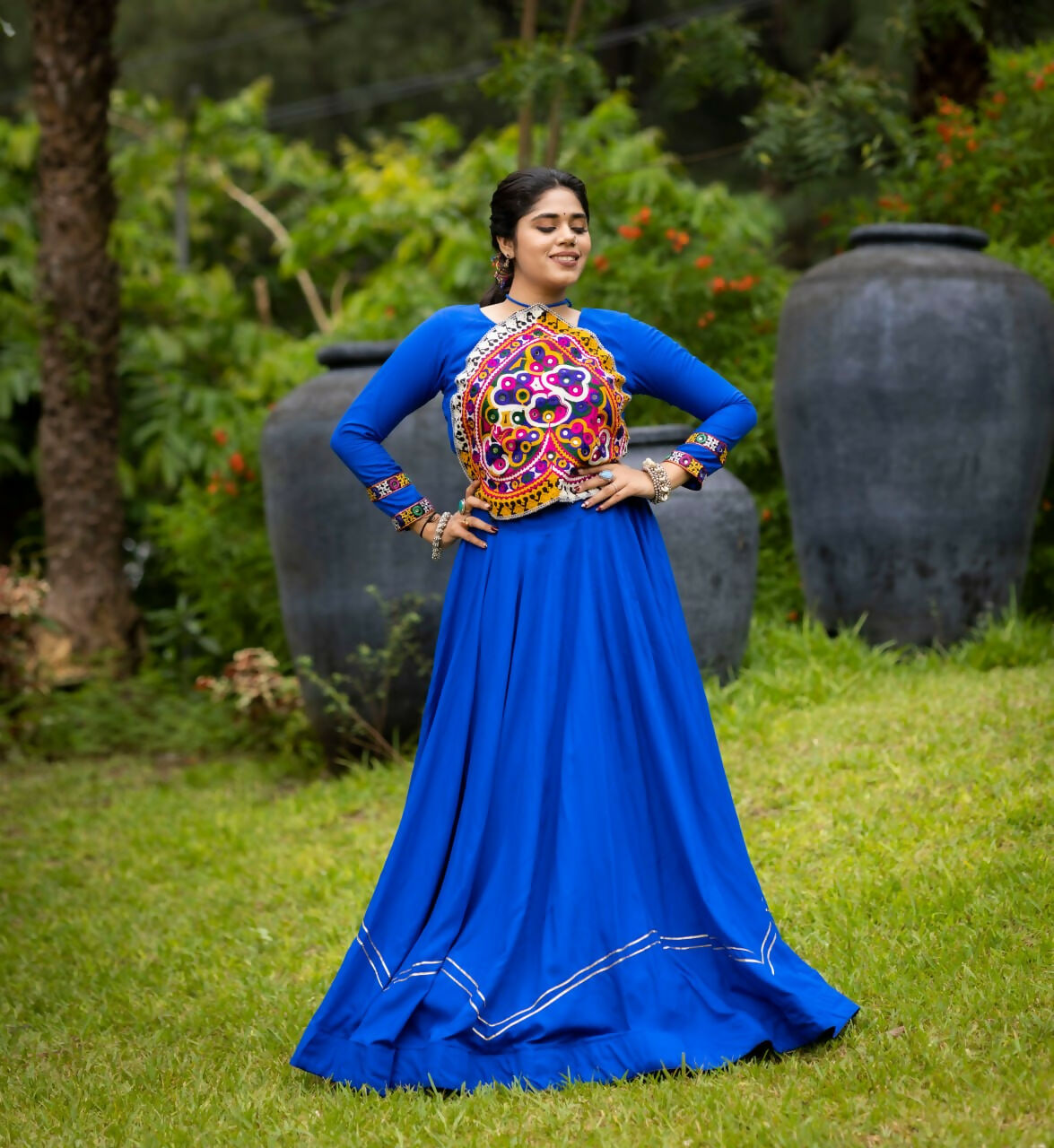 Yash Enterprise Blue Rayon Cotton Embroidery Semi Stitched Navratri Top Chaniya Choli | Grocsy