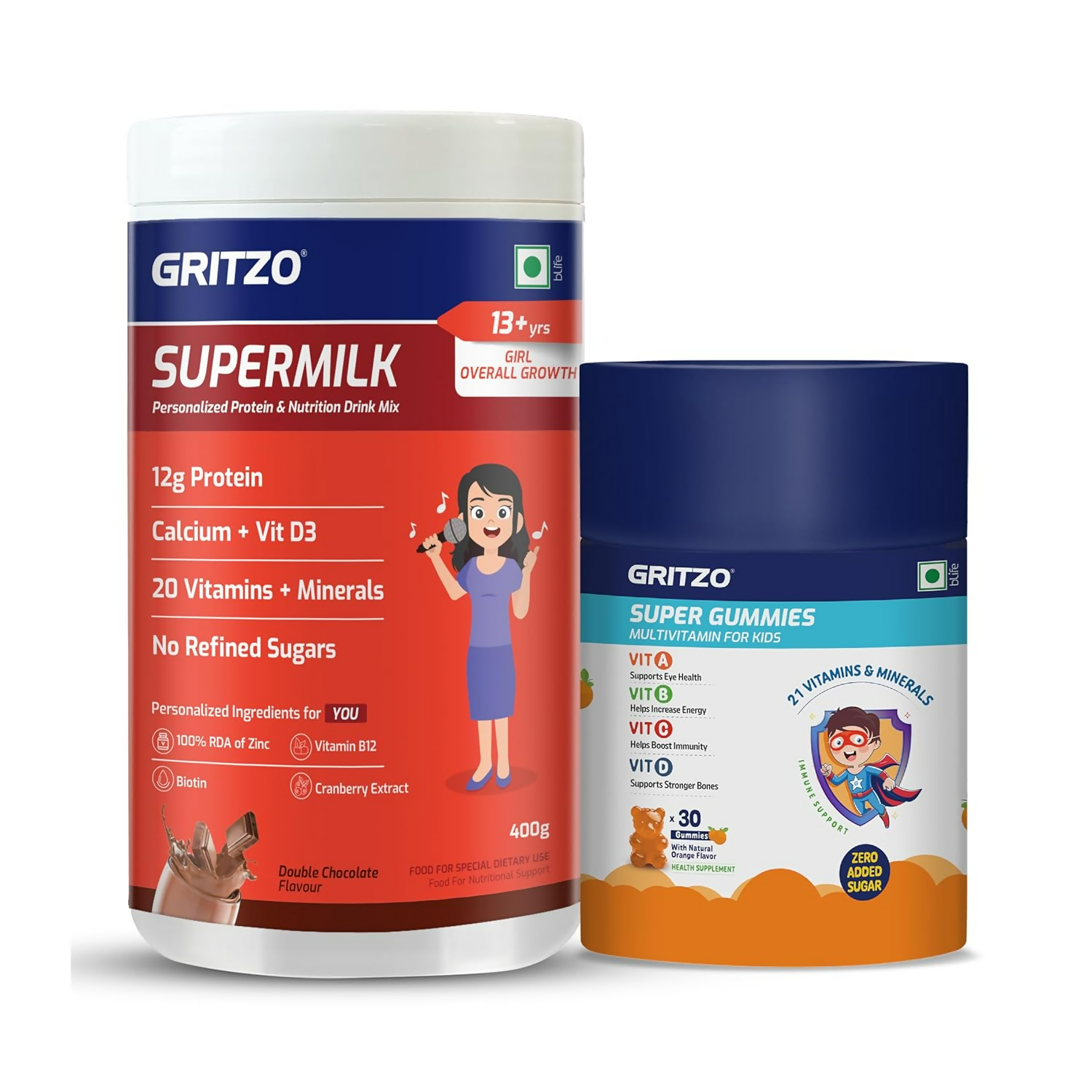 Gritzo SuperMilk Overall Growth (13+y Girls) (Double Chocolate ) with Super Gummies (Natural Orange Flavour) | Grocsy