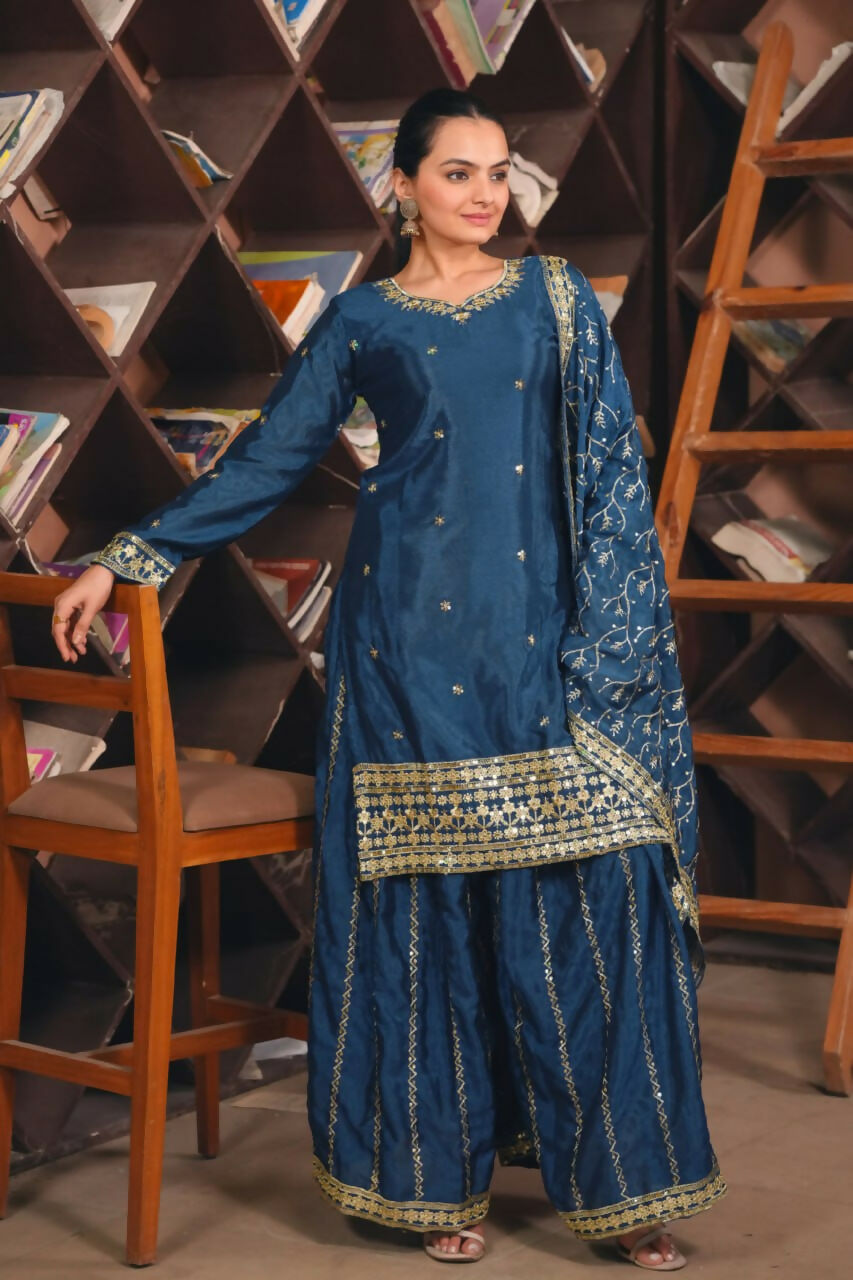 Teeya Creation Blue Color Chinon Silk Wedding Wear Trending Palazzo Set | Grocsy