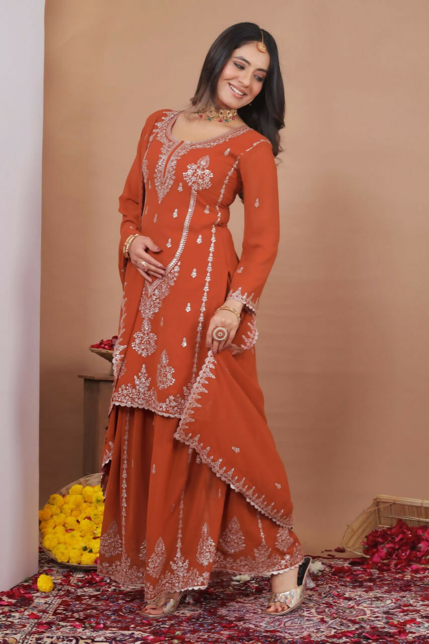 Teeya Creation Orange Color Faux Georgette Wedding Wear Trending Palazzo Set | Grocsy