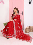 Teeya Creation New Womens Latest Party Wear Soft Chiffon Silk Saree-Red | Grocsy