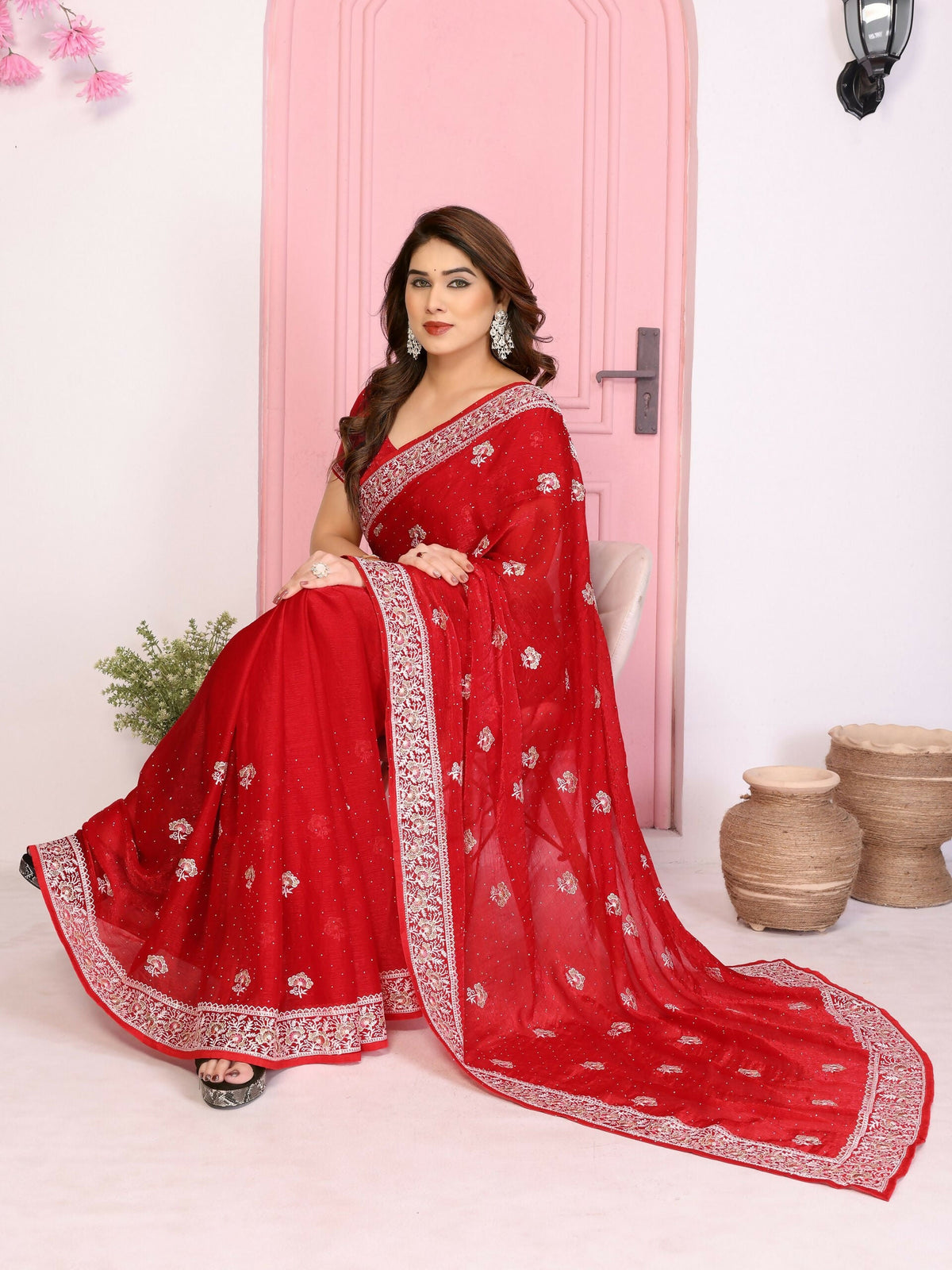 Teeya Creation New Womens Latest Party Wear Soft Chiffon Silk Saree-Red | Grocsy