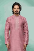 Raivat Ethnic Art Silk Mirror Embroidery Work Kurta Pajama In Pink Colour | Grocsy