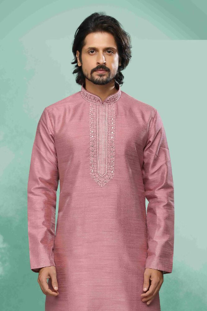 Raivat Ethnic Art Silk Mirror Embroidery Work Kurta Pajama In Pink Colour | Grocsy