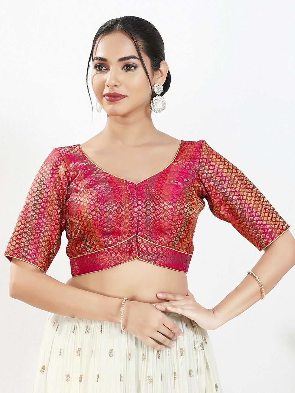 Joban Fashion Pink Brocade Padded Blouse With Sweetheart Neck Elbow Sleeves | Grocsy