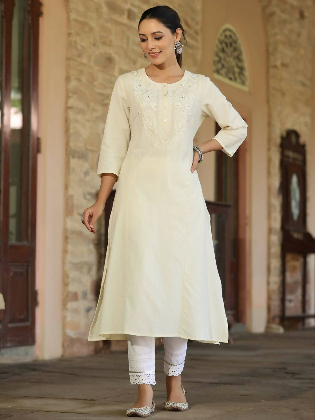 Juniper Women's Offwhite Cotton Flex Embroidered Straight Kurta | Grocsy
