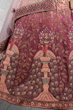 Maroon & Beige Velvet Hand Work Semi Stitched Lehenga Choli with Dupatta - Nimaya Lagnotsav | Grocsy