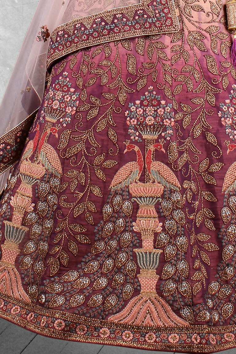 Maroon & Beige Velvet Hand Work Semi Stitched Lehenga Choli with Dupatta - Nimaya Lagnotsav | Grocsy
