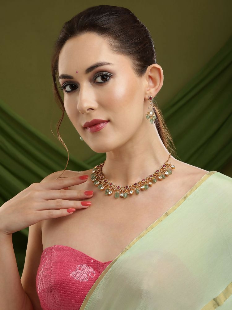 Natural Stones Antique Finish Earrings and Choker Necklace set - Ruby Raang | Grocsy