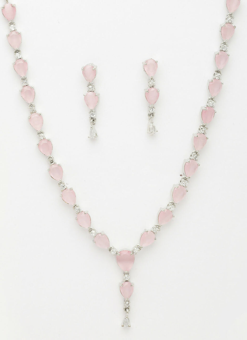 NVR Women's Silver-Plated Pink CZ-Studded Handcrafted Jewellery Set | Grocsy